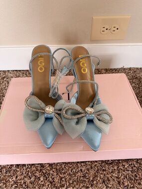 EGO Light Blue Satin Pointed-Toe Slingback Heels with Bow and Crystal